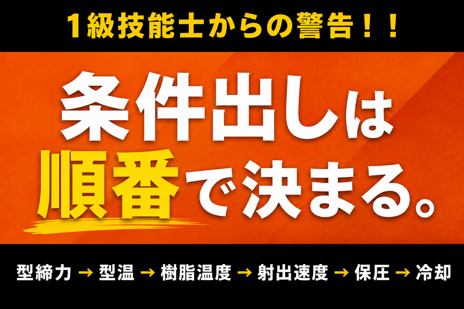 射出成形の条件出しは順番が重要。型締力→型温→樹脂温度→射出速度→保圧→冷却までの正しい流れを1級技能士が解説するアイキャッチ画像