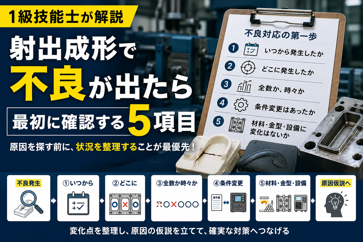 射出成形で不良が発生した際に最初に確認する5項目を解説したアイキャッチ画像。いつから発生したか、どこに発生したか、全数か時々か、条件変更はあったか、材料・金型・設備に変化はないかを示している。