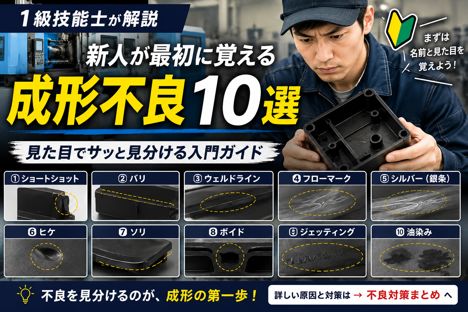 1級技能士が新人向けに成形不良10選を解説するアイキャッチ画像。ショートショット、バリ、ウェルドライン、フローマーク、シルバー、ヒケ、ソリ、ボイド、ジェッティング、油染みの成形不良を紹介し、見た目の特徴から不良を見分けるための入門ガイドを表現している。