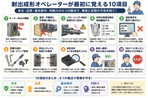 射出成形オペレーターが最初に覚える10項目を図解。モーター停止、可動部への注意、熱源対策、材料乾燥、成形条件、型替え、突出しロッド確認、製品観察、指差し確認、異常時の停止判断を安全・品質・基本動作・判断力の4つの観点でまとめた教育用図解。