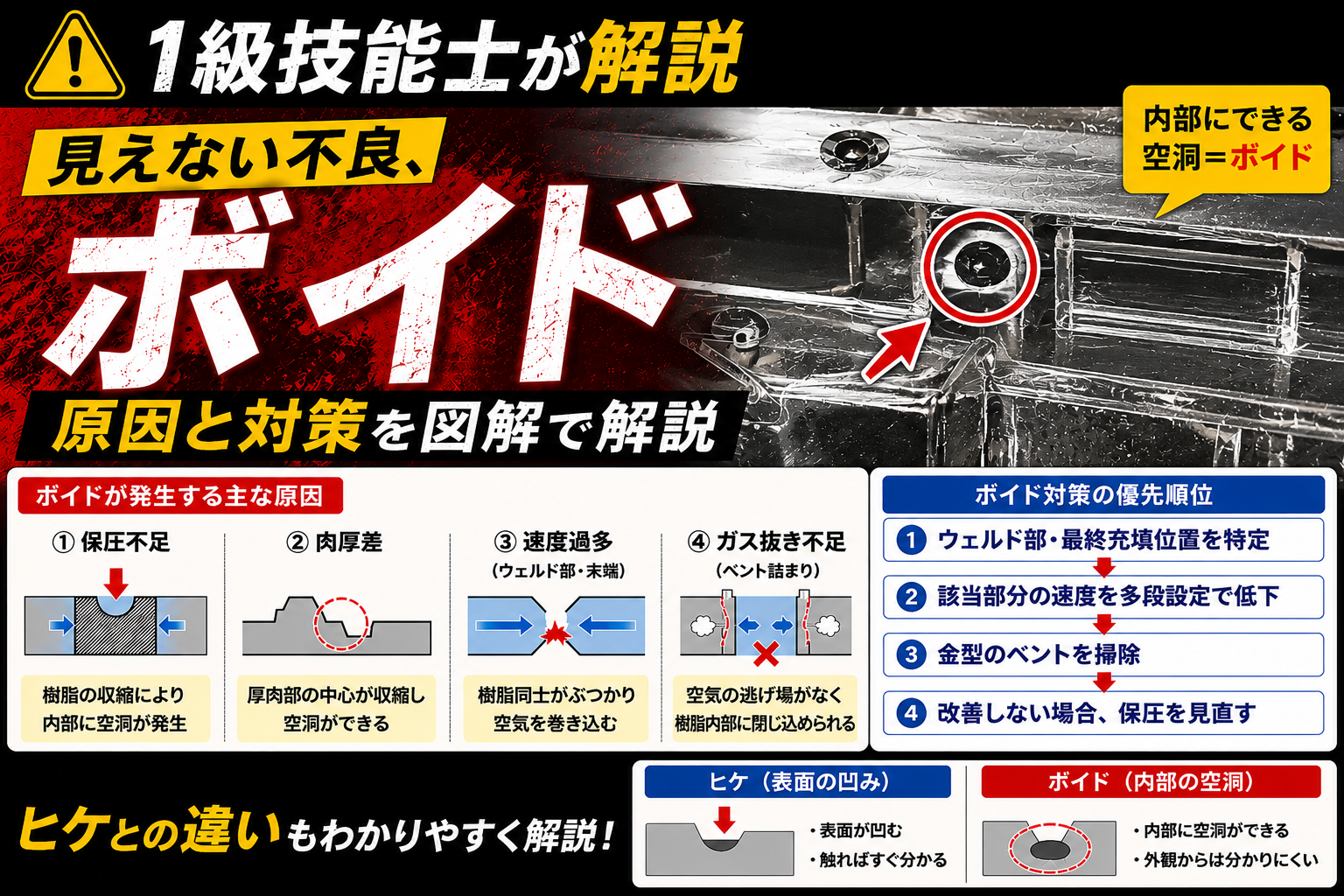 【1級技能士が解説】ボイドの原因と対策｜ヒケとの違いも図解で解説