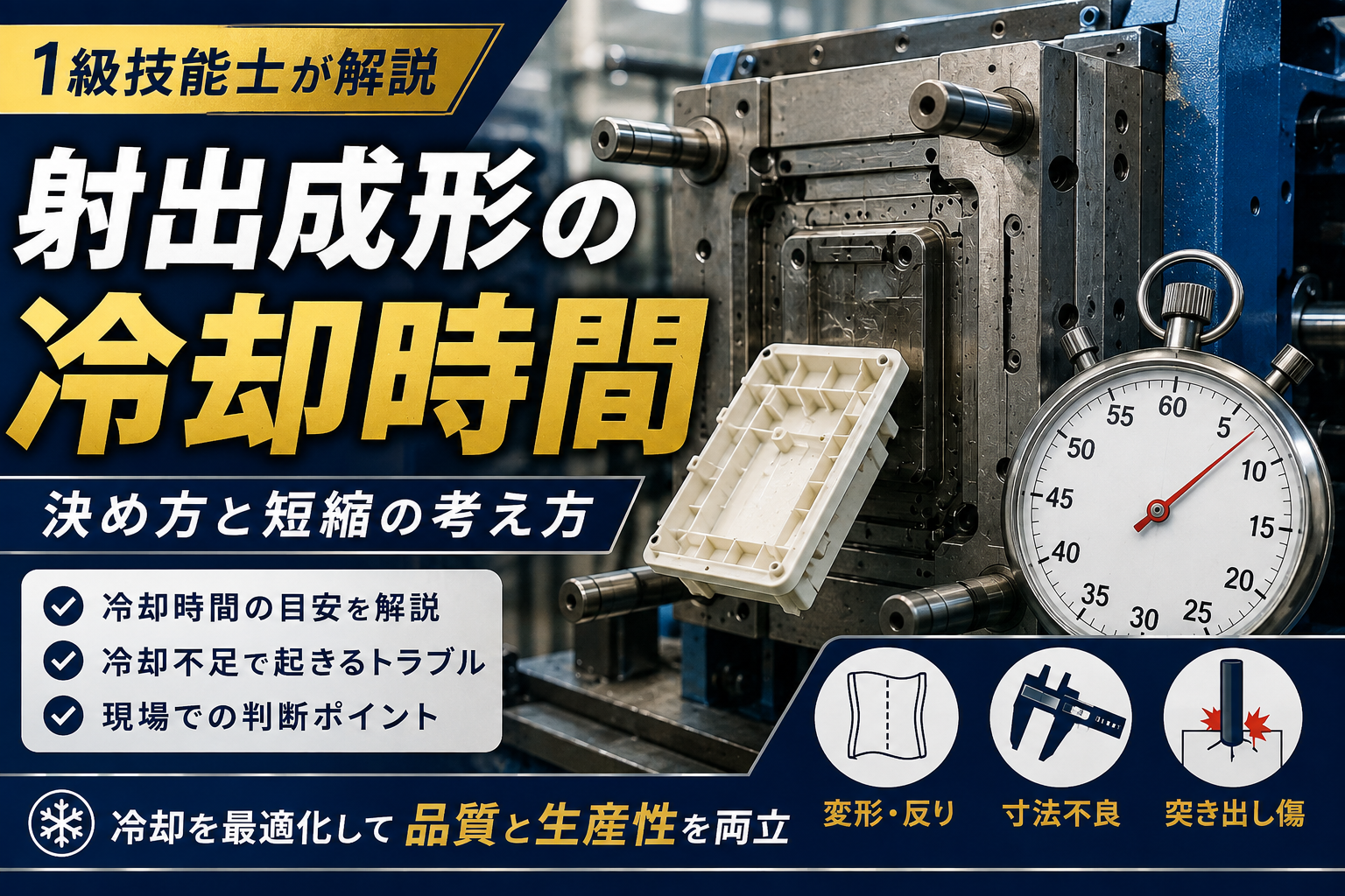 射出成形機と金型を背景に、冷却時間の決め方と短縮の考え方を解説するアイキャッチ画像